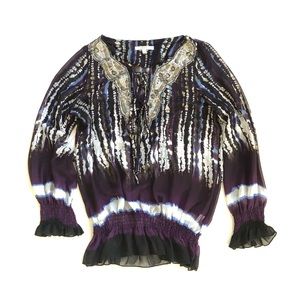 Tie-Dye, Beaded, Elasticized Sleeve & Waist Top